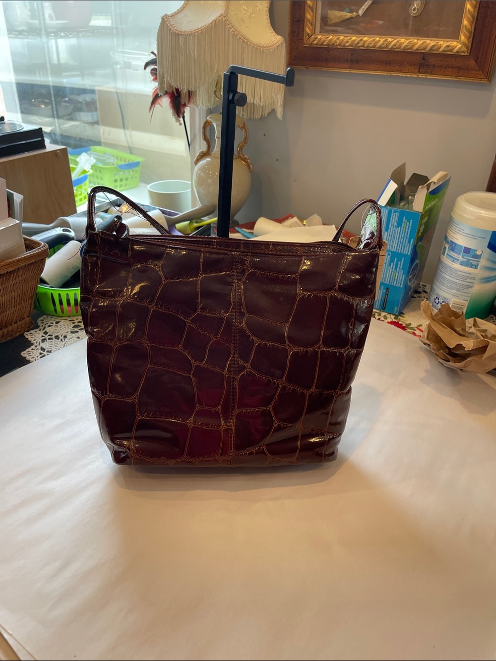 Glossy Croc-Embossed Shoulder Bag in Deep deep chocolate brown